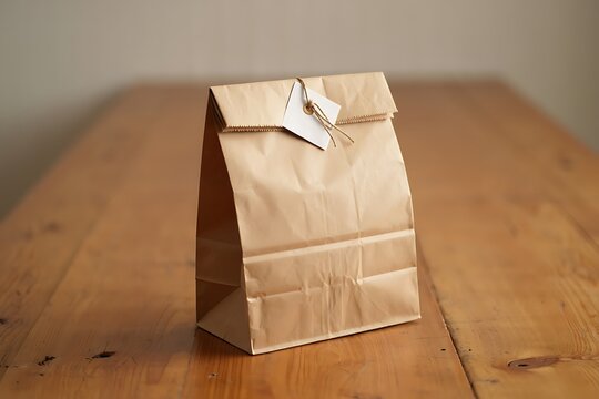 Brown paper lunch bag with a blank white tag tied with string on a wooden table