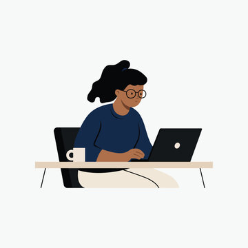 Woman Working on Laptop at Desk Illustration