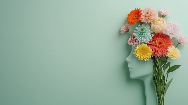 A colorful floral head silhouette against a light green background creates a serene and artistic minimalist ambiance in a studio setting