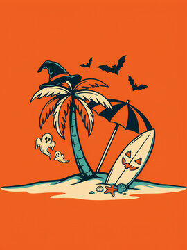 Retro halloween tropical island illustration with palm tree and spooky surfboard