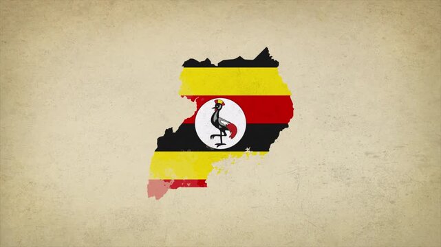 Animated Appearing UGANDA Map Filled with Flag Isolated on Vintage Background