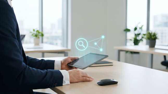 Business professional using a tablet computer with digital data visualization icons in a modern bright office environment
