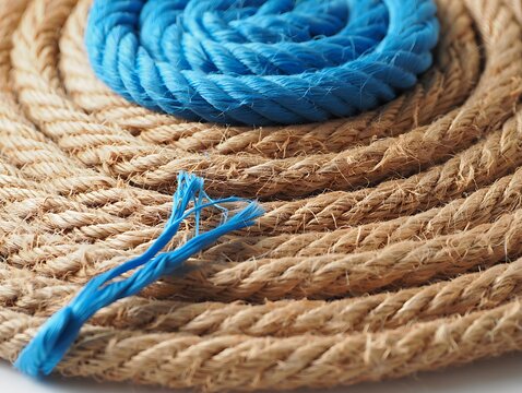 Coiled natural jute rope with a vibrant blue rope center and a loose frayed blue strand end