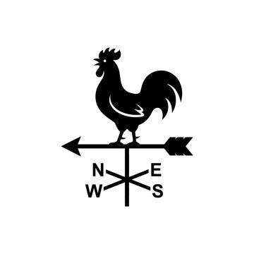 Black silhouette of a rooster weather vane pointing west on transparent background for farm decor design.