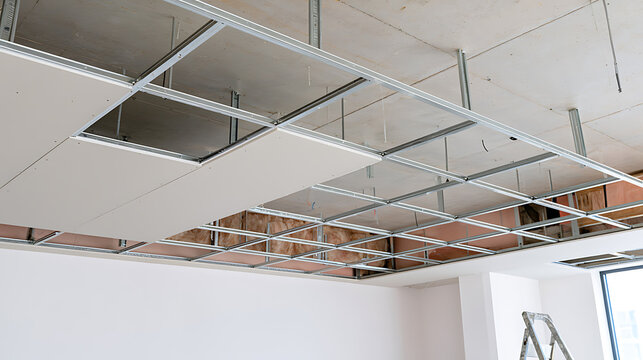 Commercial interior construction project showcasing metal grid framework and plasterboard panels for modern drop ceiling installation work process