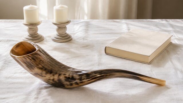 Traditional Yom Kippur or Rosh Hashanah flat lay with a shofar, lit white candles in brass candlesticks, a prayer book, and an olive branch on a white cloth background for Jewish holiday concepts.