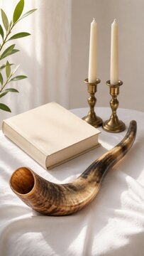 Traditional Yom Kippur or Rosh Hashanah flat lay with a shofar, lit white candles in brass candlesticks, a prayer book, and an olive branch on a white cloth background for Jewish holiday concepts.