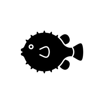 Black puffer fish silhouette icon representing marine wildlife and aquatic nature.