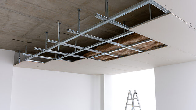 Suspended ceiling installation in a modern interior with metal framing and insulation material under concrete slab in a construction site