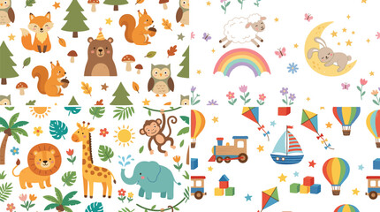 Fototapeta premium Cute kids seamless pattern collection featuring woodland animals jungle wildlife nursery dreams rainbow and childhood toys isolated on white background