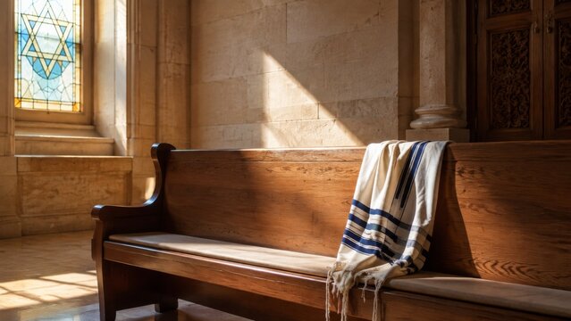 Traditional tallit prayer shawl resting on a wooden pew inside a synagogue with a Star of David stained glass window and warm sunlight, representing Jewish holidays like Yom Kippur and Rosh Hashanah.