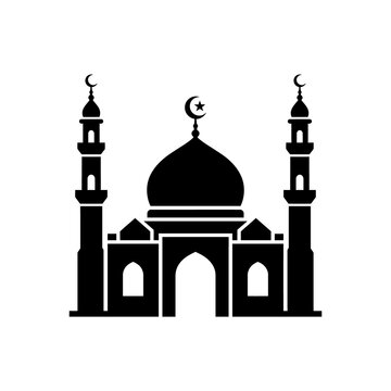 Black silhouette of a mosque with dome and minarets for religious architecture.