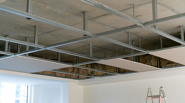 Metal frame structure for false ceiling installation inside a modern building under construction with insulation material visible in the ceiling
