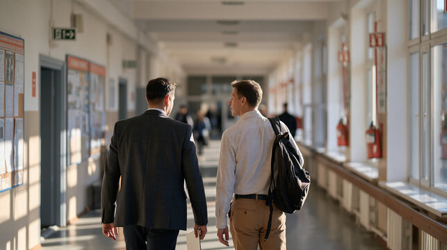 Belarusian school principal walking hallway with fire marshal during annual building safety inspection, checking emergency exit signs and extinguisher mounts methodically,