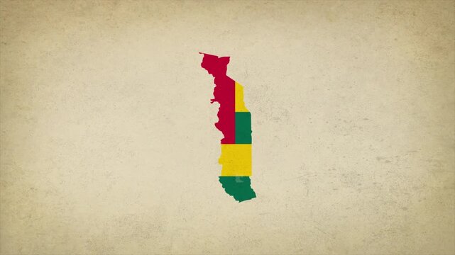 Animated Appearing TOGO Map Filled with Flag Isolated on Vintage Background