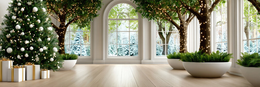 Elegant living room dressed for christmas with white-ornament tree, wrapped gifts and lit indoor trees by large arched windows framing a peaceful snowy winter view