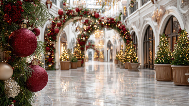 Elegant hall showcasing festive christmas decorations. Featuring sparkling red and gold ornaments on lush green garlands. Illuminated arches