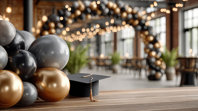 Graduation cap with a gold tassel and celebratory gold, black, and silver balloons marking academic achievement and success in a stylish event space
