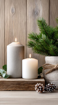 Lit candles creating a warm, cozy atmosphere, complementing natural pine branches and frosted pine cones for a serene festive holiday season