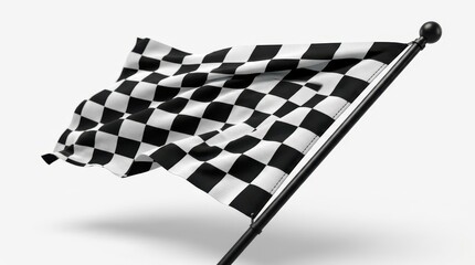 Fototapeta premium Realistic 3D Waving Checkered Flag on Black Pole Isolated on White. Racing Finish Line Symbol for Competition and Success.