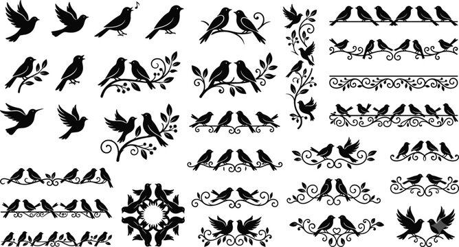 Decorative bird silhouettes and floral dividers vector design elements kit featuring lovebirds perching on branches and ornate scroll borders