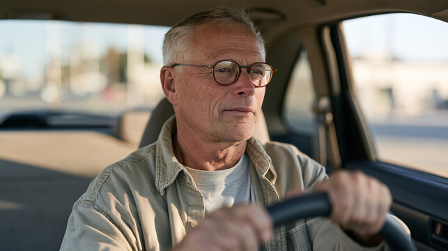 A retiree gripping steering wheel with both hands at ten and two while parallel parking attempt fails again, urban street, suburban driver anxiety, driving test practice stress,