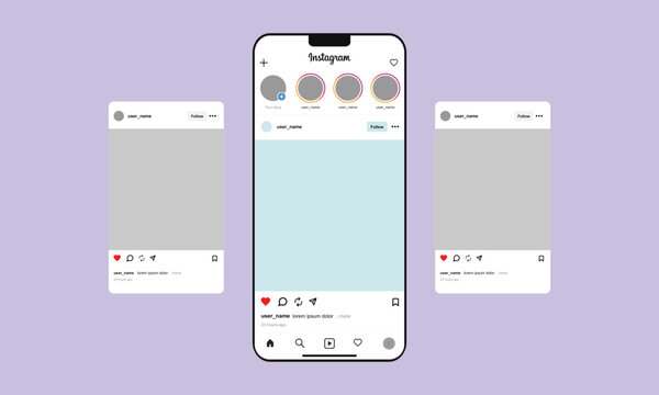 instagram social media post home screen user interface on smartphone mockup. instagram vector template frame layout with latest updates 2026.