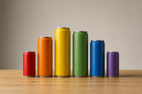 Rainbow Juice Cans Arranged in a Mountain of Sizes
