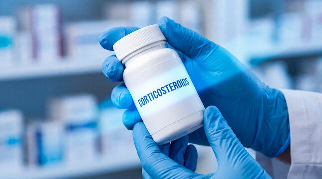 Pharmacist wearing blue nitrile gloves holding a white bottle of corticosteroids in a pharmacy