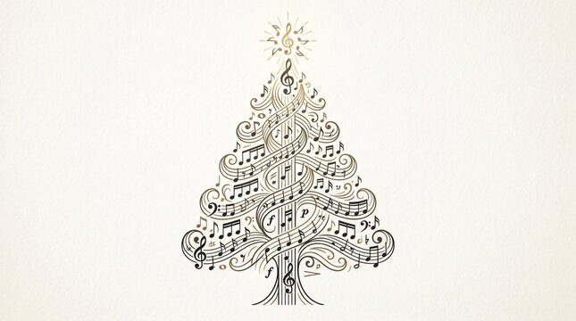 Musical Christmas tree illustration with flowing sheet music notes, elegant holiday carol concept, vintage hand drawn style on cream background