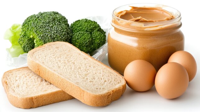 Fresh food arrangement featuring bread, peanut butter, green apples, broccoli, and eggs on white shelves