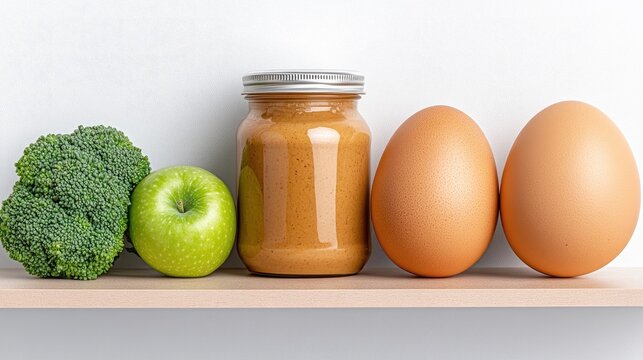 A well-organized refrigerator shelf with fresh produce and a jar of creamy spread for balanced snacks or meals anytime