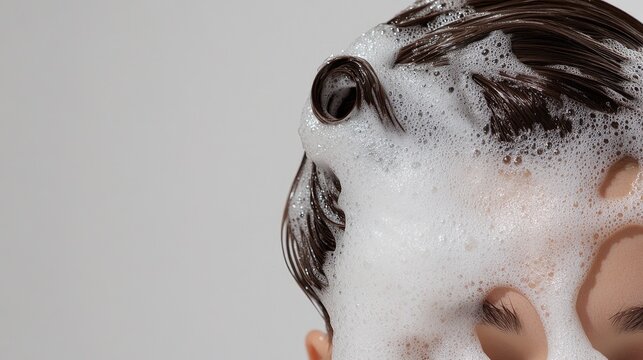 A woman enjoys a calming moment as her hair is washed and shampooed, showcasing luxurious waves and textures against a soft background