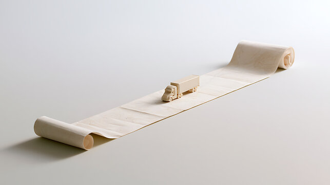A small wooden toy truck model sit on a long unrolled paper scroll across a clean white studio background concept of transport and supply