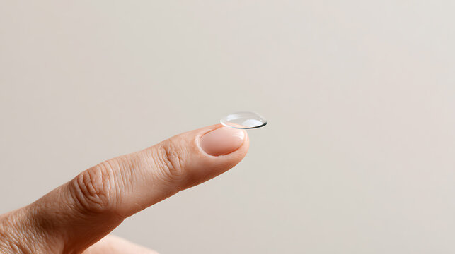 A clear contact lens balance on a human finger tip against a neutral background, showcasing vision correction equipment for modern healthcare