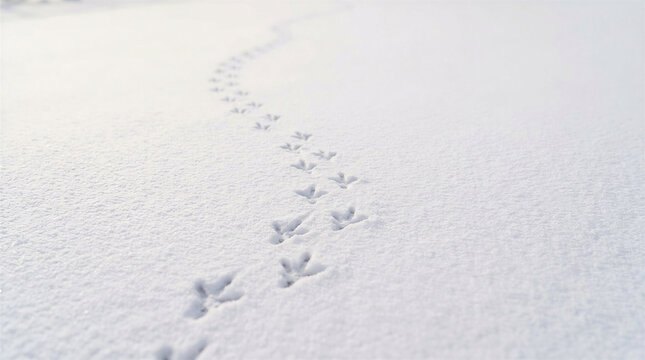 Animal tracks leading through fresh snow in a serene winter landscape  