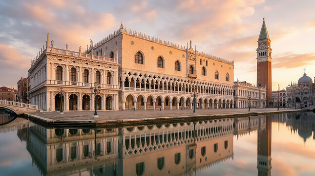 Contemporary artwork. Creative design in retro style. Color image if beautiful buildings in Venice. Vintage town. Concept of creativity, surrealism, imagination, futuristic landscape