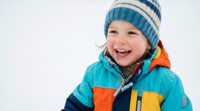 Happy young child playing in the snow wearing colorful winter clothing  
