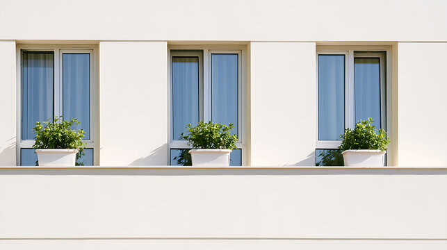 Modern minimalist white building facade with three symmetrical windows and green potted plants on the balcony ledge in bright daylight sun