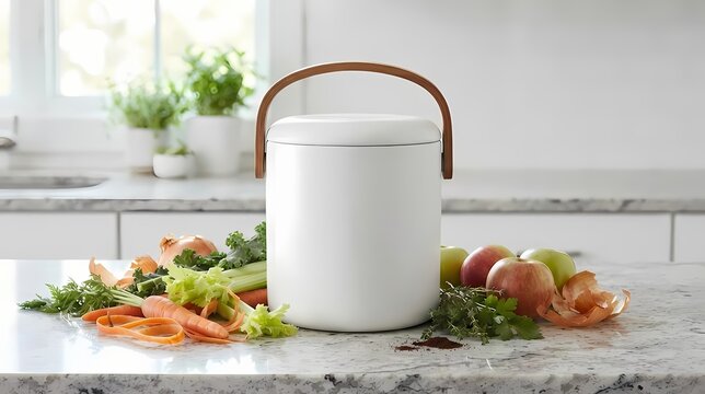 Kitchen Composter for Food Waste: A stylish white kitchen composter with a wooden handle sits on a countertop surrounded by fresh vegetable scraps and fruits, ready for composting and reducing waste.