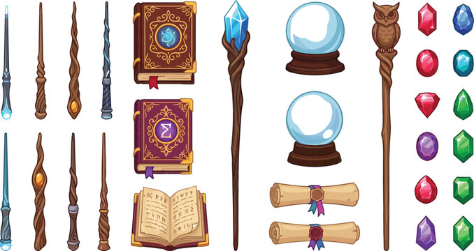 Magic wizard elements vector set featuring magic wands spell books crystal balls wooden staff scrolls and colorful crystals isolated on white background