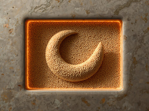 A crescent moon shape formed by tiny golden amaranth grains inside a recessed rectangular stone frame with warm glowing orange ambient lighting