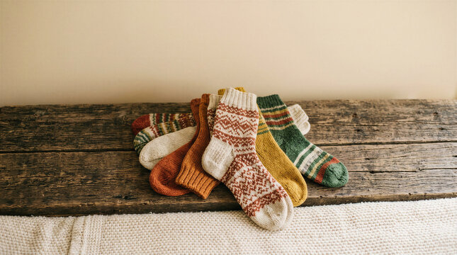 Cozy knitted socks arranged on a rustic wooden surface  