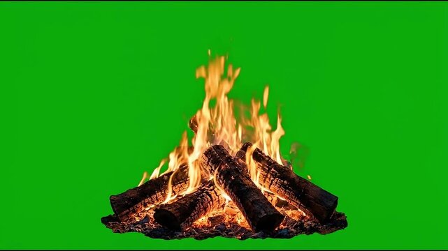 Campfire burning with logs on green screen background chroma key VFX element.
