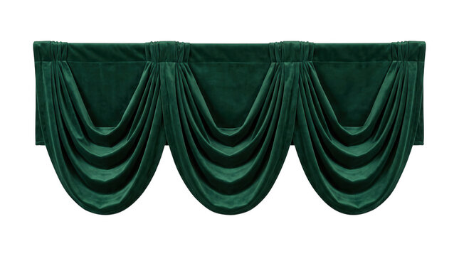 Decorative dark green velvet window valance with pleated top and draped swags, isolated on transparent background on transparent background