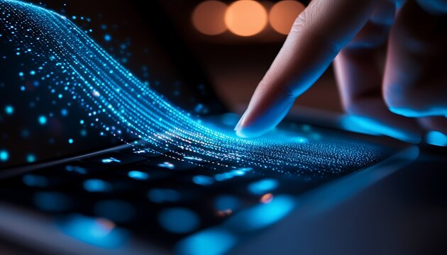 Futuristic digital data flow and human finger touching high tech device screen graphic concept