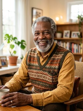 Happy Senior African American Man Relaxing at Home with a Cup of Coffee in a Cozy Living Room