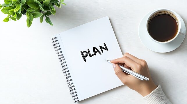 A woman's hand writes 'plan' in a notebook surrounded by coffee and greenery in a serene workspace setting