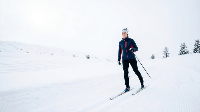 Middle-aged man cross-country skiing on a snowy trail in winter  