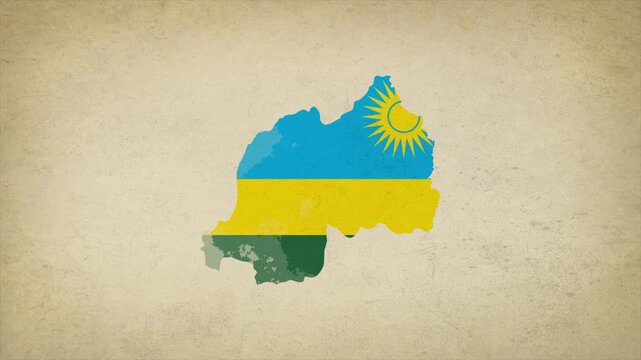 Animated Appearing RWANDA Map Filled with Flag Isolated on Vintage Background